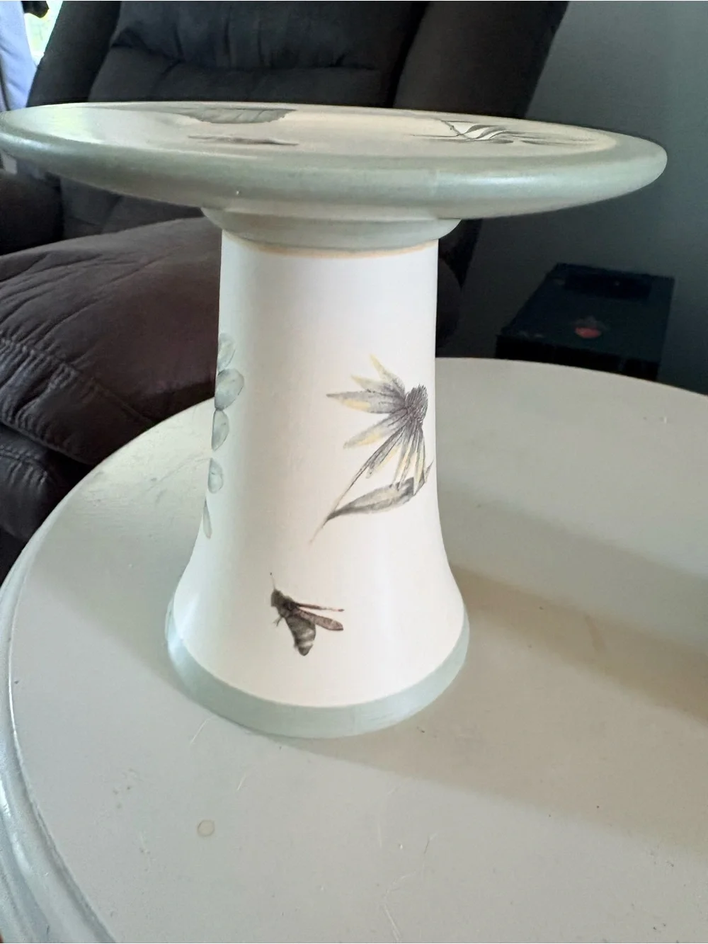 Pfaltzgraff Dragonfly Ceramic Pedestal in Sage and Cream - Vintage RARE